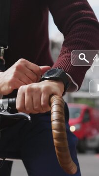 Animation of social media icons over senior man using smartwatch