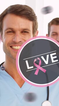 Animation of love texts over group of smiling doctors