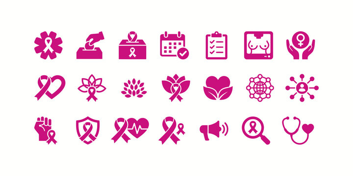 Set of pink breast cancer awareness icons featuring ribbons and medical symbols for healthcare design projects