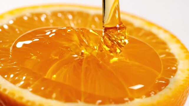 Close-up of golden honey dripping onto a vibrant orange slice