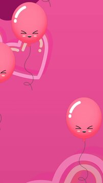 Animation of red balloons and hearts on pink background