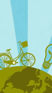 Animation of sustainability symbols rotating on blue background