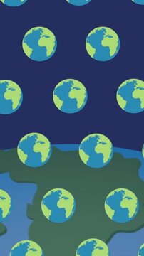 Animation of globes moving over big globe on dark blue background