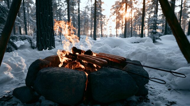 Cozy winter fire pit roasting sausages under snow a warm inviting forest escape