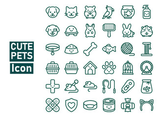 Fototapeta premium Flat line art icons of adorable pets and animals in minimalist vector design for web and print