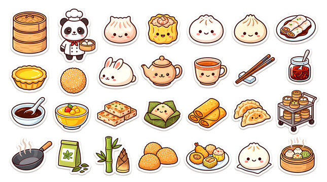 Food stickers featuring kawaii dim sum, breakfast items, and cooking utensils in a cute vector kawali sticker
