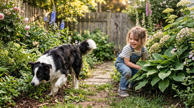 Young child playing hide and seek with Border Collie in lush garden. Active child playing near blooming flowers, green bushes, and stone path. Family child playing concept for pet care editorial.
