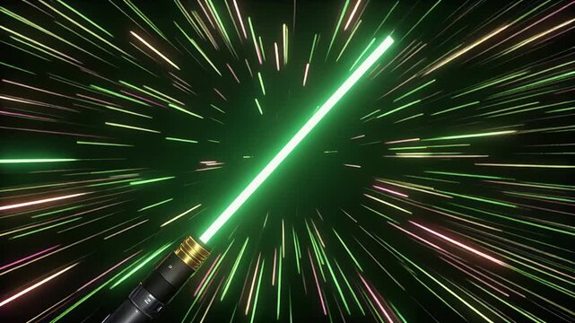 A green lightsaber ignites with streaks of light against a dark, star-filled background.