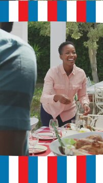 Animation of flag of united states of america waving over smiling african american family