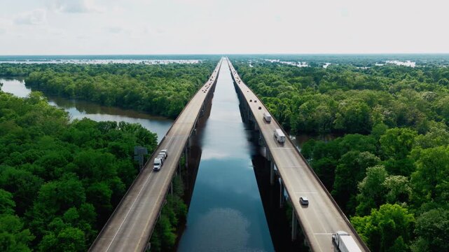 Aerial view of a flatbed semi truck driving on an interstate highway bridge in Louisiana. Drone shot of long haul freight cargo transport on the elevated causeway span above the Atchafalaya Basin.