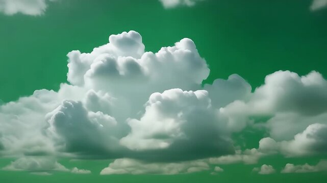 Billowy white clouds drift across a vibrant green sky.