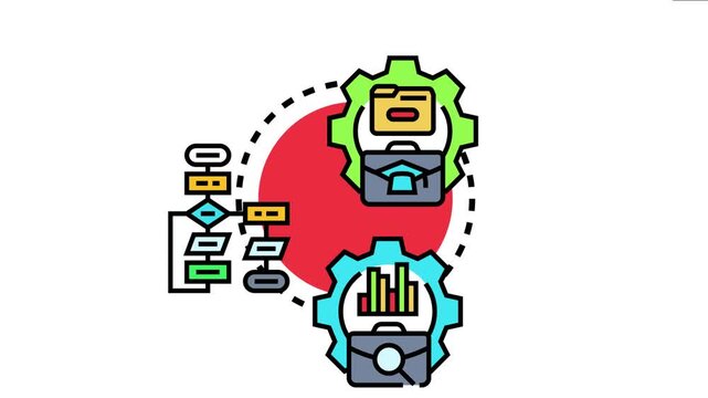 Artificial intelligence driving efficient business workflow organization, process automation, and optimization, depicted with interlocking gears, documents, and data analysis elements