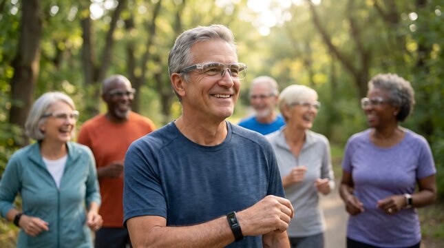 Diverse group of smiling, active seniors enjoying a joyful, energetic jog together on a sun-dappled park trail, embodying health and friendship.