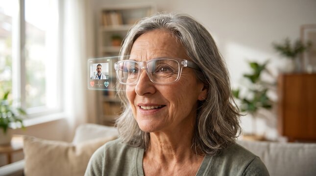 Senior woman smiling, wearing transparent smart glasses displaying a video call with a younger man, showing augmented reality communication in a bright home setting.