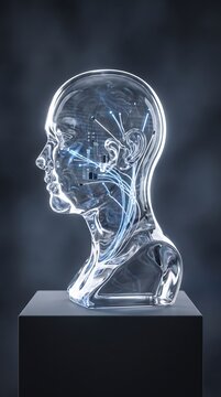 Transparent crystal human head bust with glowing blue neural network pathways illuminated within, symbolizing advanced AI and artificial intelligence, scientific innovation, and cognitive pr
