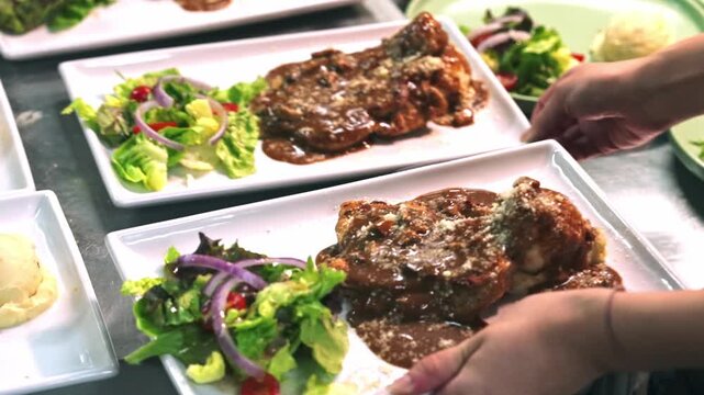 Medium close-up tracking shot of kitchen staff placing final garnishes before hands pick up white rectangular plates loaded with grilled chicken chop, black pepper sauce, mashed potatoes, and fresh sa
