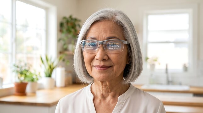 Elderly Asian woman with short grey hair, wearing modern glasses, smiles gently in a bright, sunlit kitchen, conveying warmth and wisdom.