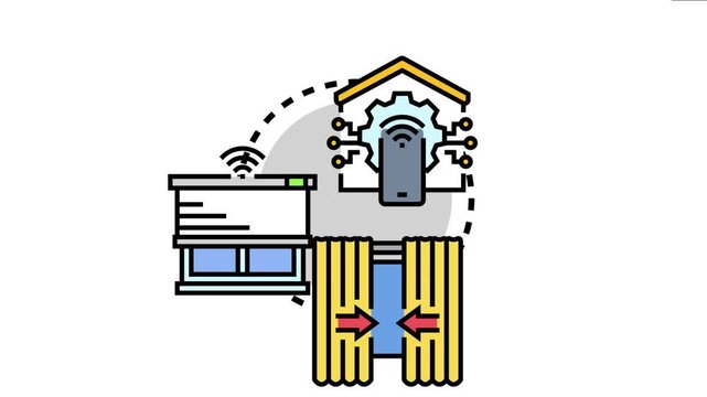 Smart home system operating various devices like a thermostat, window blinds, and appliances, showing interconnected units and smart technology