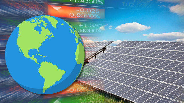 Global solar power, renewable energy industry, green technology, photovoltaics, environmental sustainability. Planet earth globe icon, solar panels, financial stock market charts overlay.