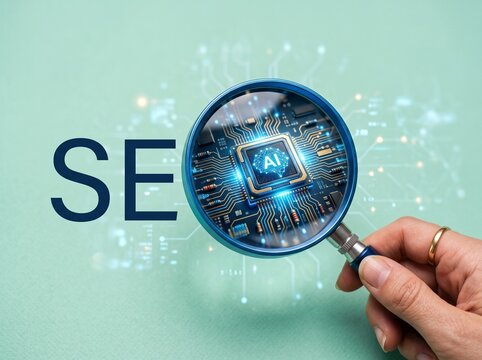 Search Engine Optimization Concept with Magnifying Glass Over Artificial Intelligence Microchip and SEO Text