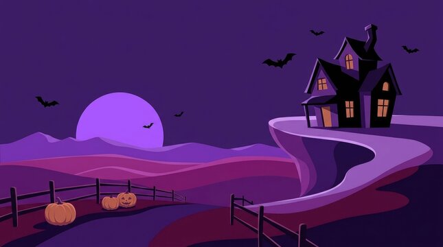 A spooky halloween night scene with a haunted house glowing moon and winding path