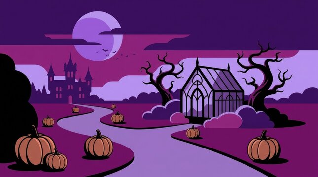 A spooky halloween night scene with a path leading to a mysterious gothic style building
