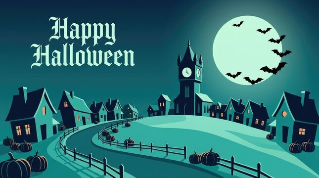 A spooky and delightful halloween scene featuring a town a clock tower and a full moon