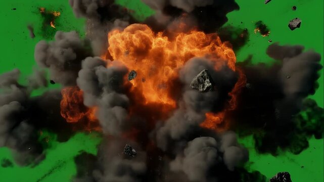 Explosion effect with debris on a green screen background