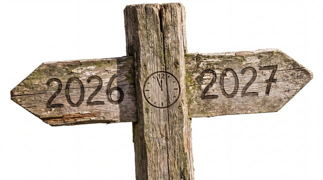 Rustic wooden signpost pointing left and right to years two thousand twenty six with signpost directional arrows