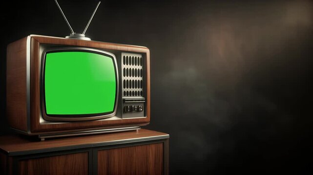 A vintage television set with a green screen sits on a wooden cabinet.
