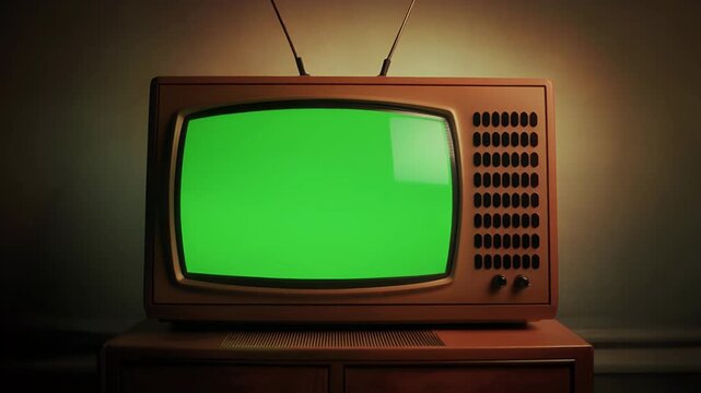 A retro television with a green screen sits on a cabinet.