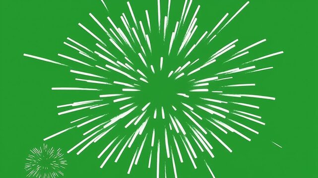 White fireworks explode on a green background.
