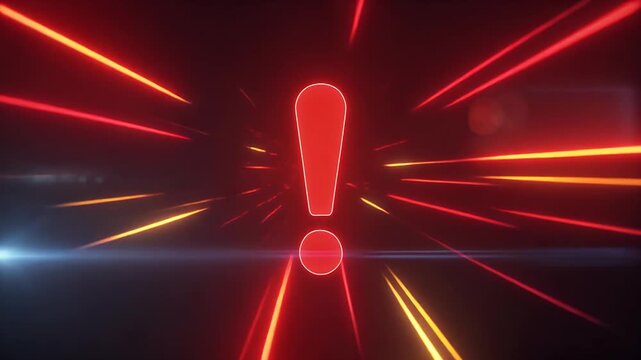 A glowing red exclamation mark pulses with radiant energy against a dark, abstract background.