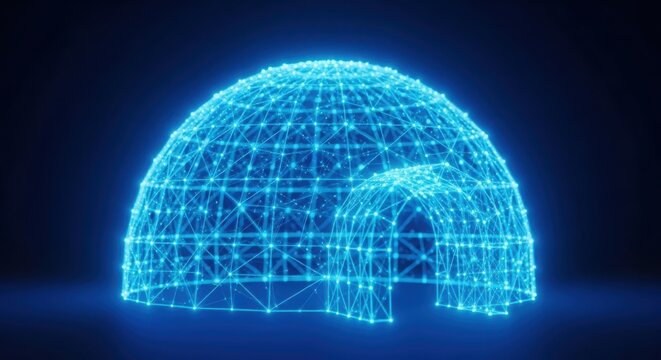Digital glowing wireframe igloo house on a dark blue background illustration