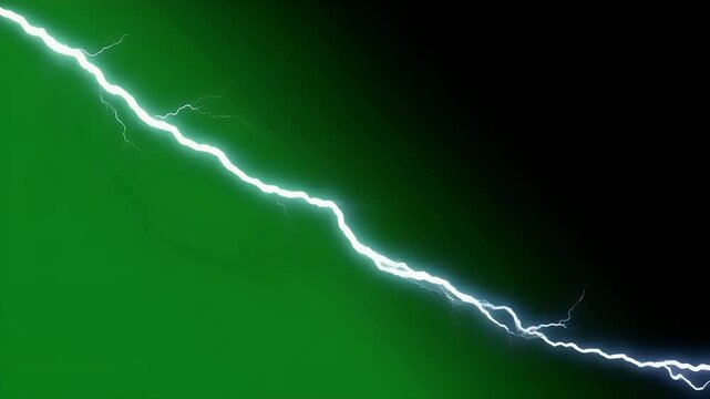 A bright white lightning bolt crackles across a dark green and black background.