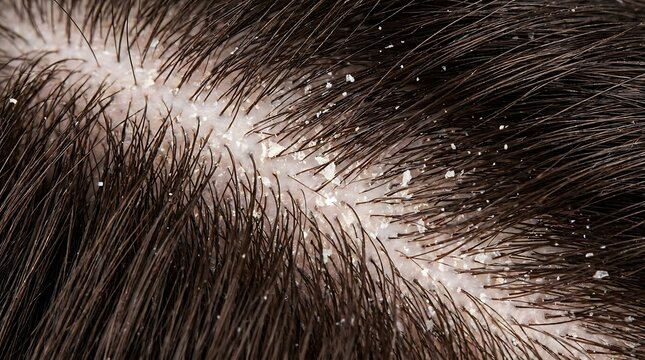 Close up view of human scalp showing severe dandruff and dry skin flakes
