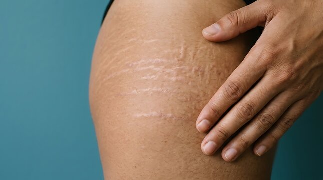 Close up of a person touching their thigh showing visible stretch marks on natural skin
