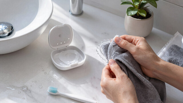 Hands are holding a gray cloth while cleaning a facial device near a sink. Water is present on the surface and a toothbrush is nearby