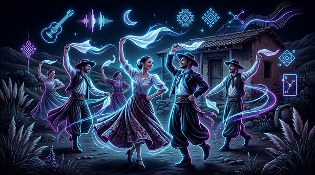 Neon folk dancers performing traditional gaucho dance under night sky