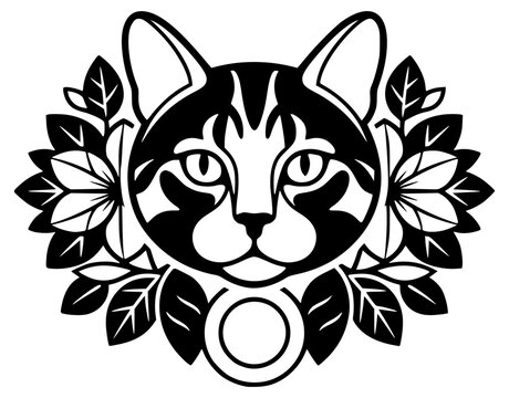 Minimalist cat portrait in monochrome floral frame for logos and prints