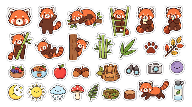 Red panda kawaii stickers in playful forest and nature-themed vector designs kawali sticker