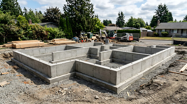 Concrete foundation construction site with workers and equipment.