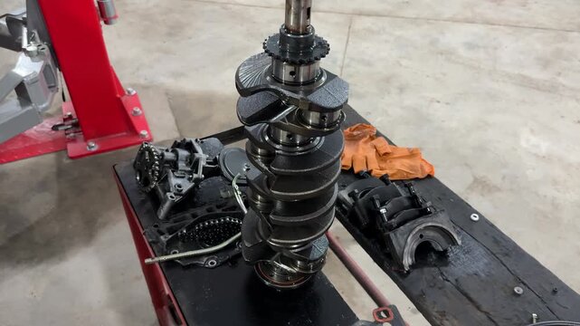 Engine crankshaft during an automotive rebuild. Detailed workshop scene highlighting precision engineering, maintenance and mechanical repair, cinematic close-up