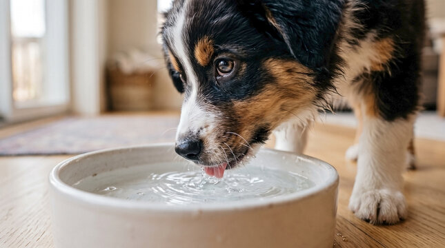 Australian shepherd puppy drinking fresh water from plain ceramic bowl indoors. Australian shepherd puppy stays hydrated on wooden floor. Australian shepherd puppy concept for pet wellness.