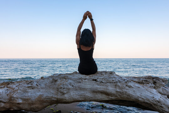 Rear view of a woman stretching on driftwood at the beach, calm sea and clear sky, peaceful outdoor wellness concept.