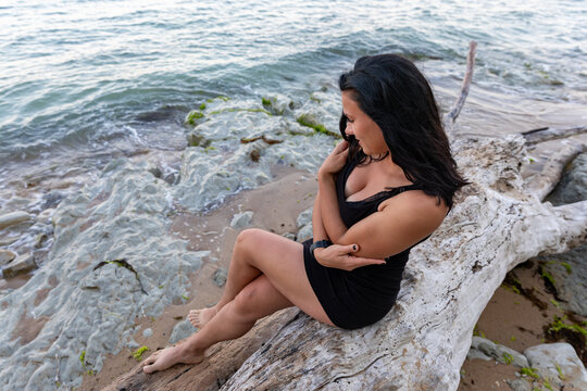 Smiling woman in black dress sitting on driftwood at rocky shoreline, enjoying the ocean view on a bright, natural day.