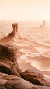 Vast desert watercolor illustration evokes timeless solitude beneath soft diffused light tones