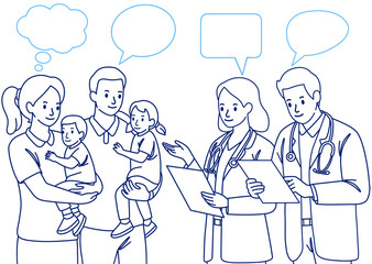 Obraz premium Line sketch illustration of a doctor consulting and discussing a child's health with the family, featuring speech bubbles for communication