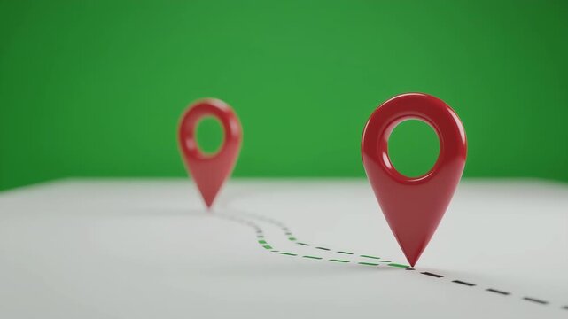 Red map pin icons indicating a route on a white surface with a green background.