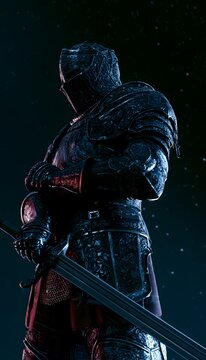 Defiant medieval knight stands resolute against a dramatic starry sky wielding a broadsword powerfully